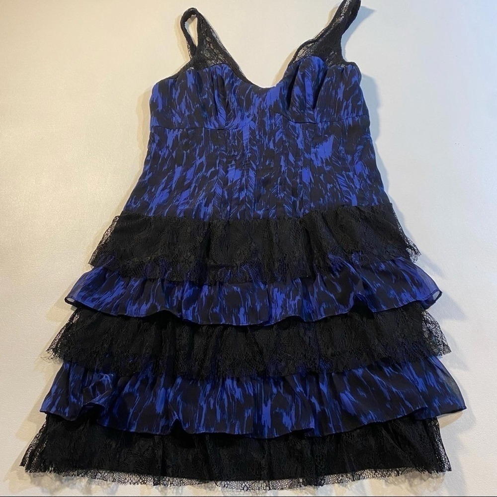 Guess Size 7‎ Blue Black Lace Tiered Ruffle Party Dress W Smocked Back